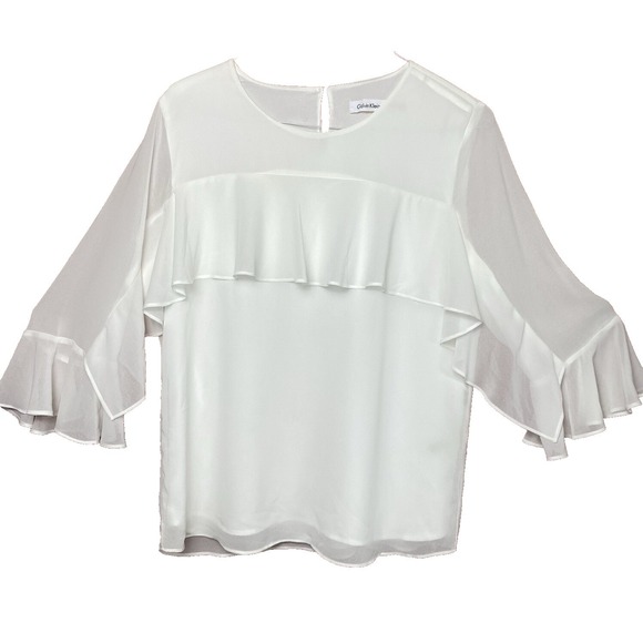 Calvin Klein White Bell Ruffle Sleeve Chiffon Shirt Womens Size Medium/Large - Picture 2 of 7